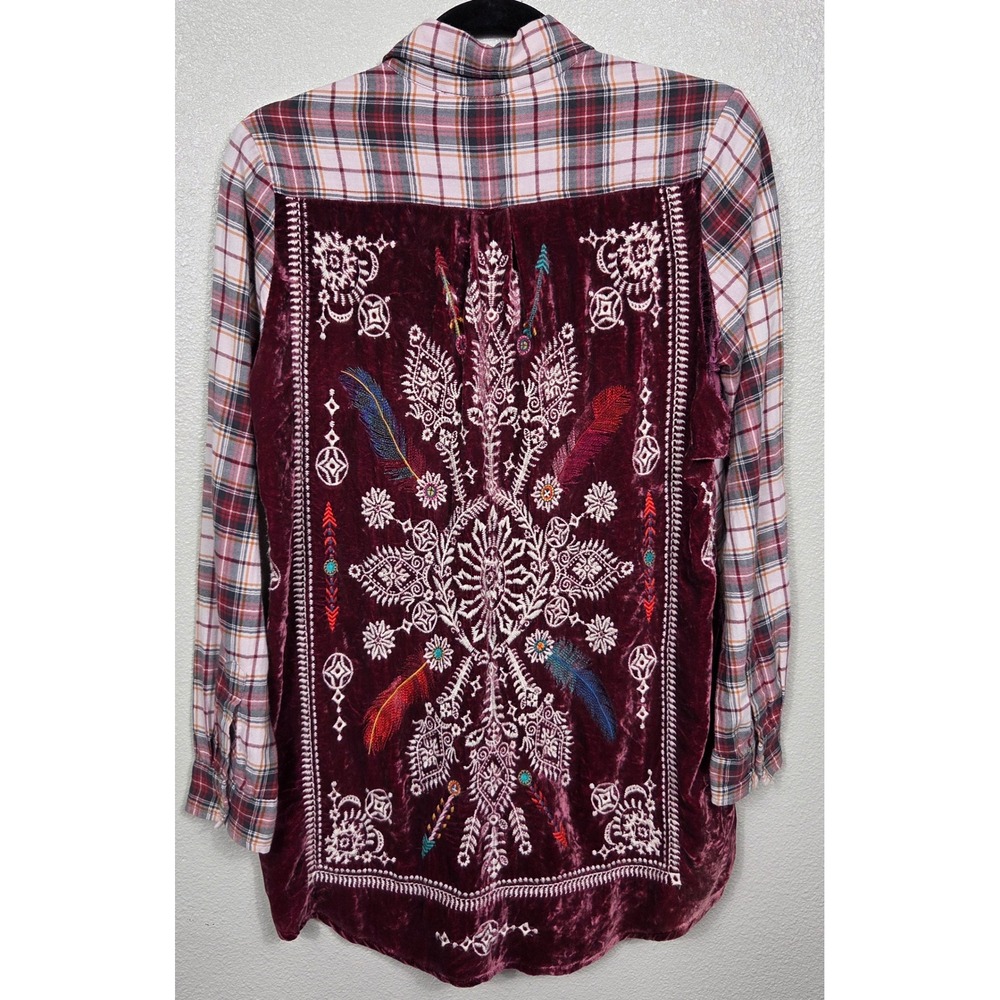 Johnny Was 3J Workshop Lorie Plaid Velvet Embroidered Tunic XS Flaw